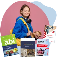 Illustration mit Abi-Produkten und einer Schülerin mit Büchern in der Hand